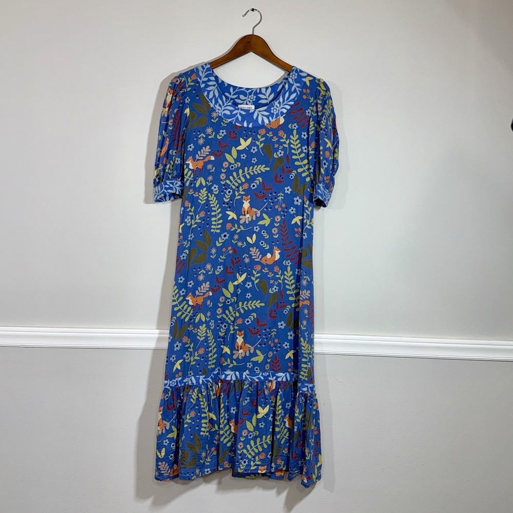 Olivia James The Lable Blue Fox‎ Floral Cotton Midi Dress Sz XS Puff Sleeve